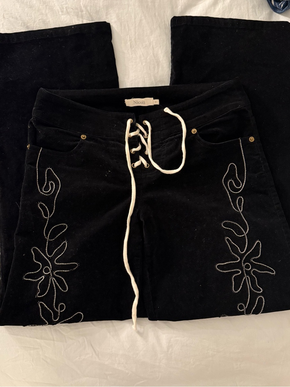NICOLI Black Corduroy Lace-Up Pants